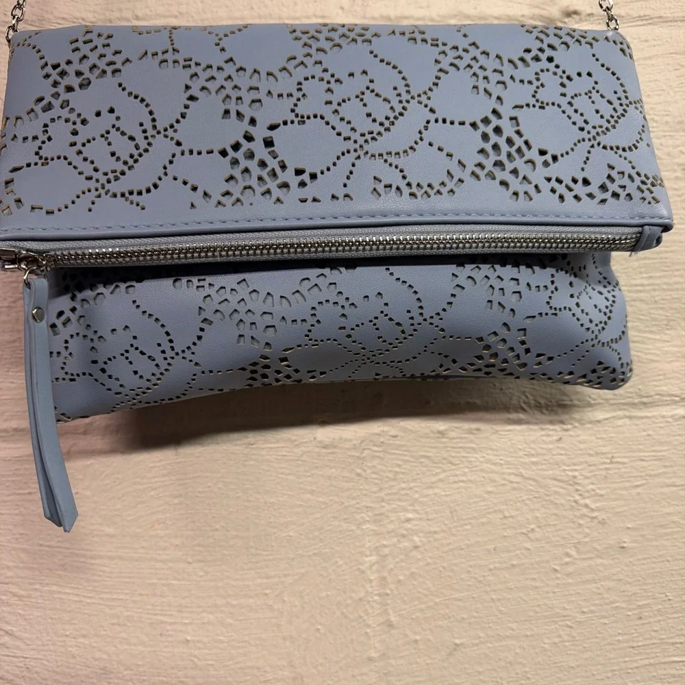 Urban Expressions Light Blue‎ Laser Cut Foldover Clutch Crossbody Shoulder Bag